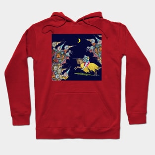 WEIRD MEDIEVAL BESTIARY WAR, KNIGHT HORSEBACK COMBATTING GIANT SNAILS IN THE NIGHT Hoodie